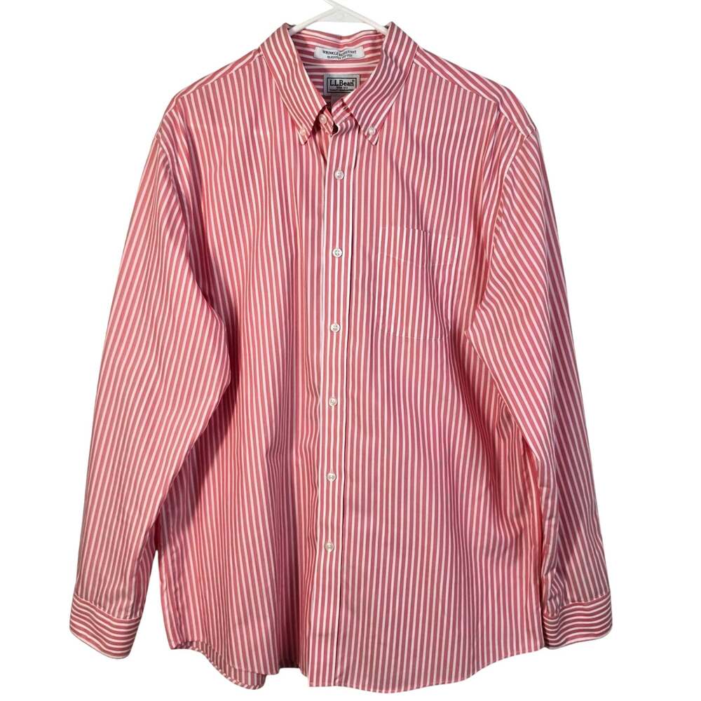 L.L. Bean Shirt Men's L Peach White Stripe Wrinkle Resistant Casual Coastal Prep